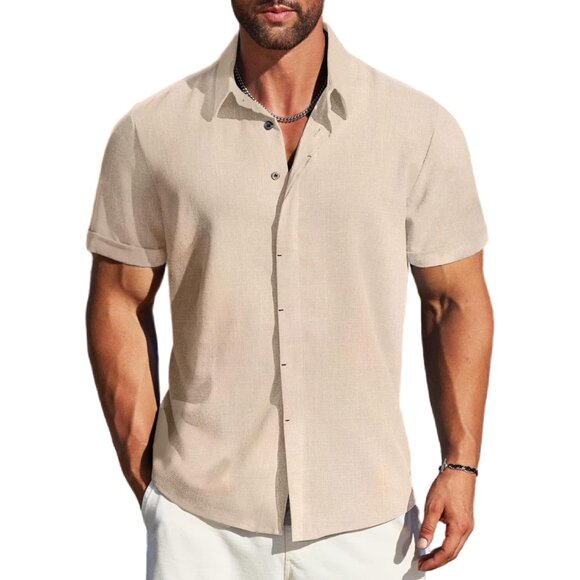 Men's Light Khaki Linen Short Sleeve Button Down Casual Shirt Business - Picture 1 of 6